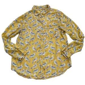Beach Lunch Lounge Yellow Blue Long Sleeve Button Down Shirt Bird Print, M